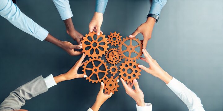 Putting gear together teamwork solution finding moving forward