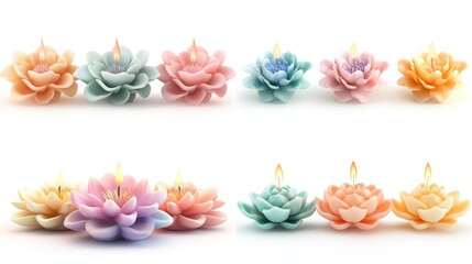 Two rows of six pastel-colored, flower-shaped candles, each with a small flame alight, arranged against a stark white background.  The candles are meticulously crafted with layered petals