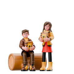 3D Cartoon Characters Celebrating Thangksgiving Autumn Season People Engaging Fall Activities Harvesting Fruits Drinking Hot Chocolate Sitting by the Campfire Knitting