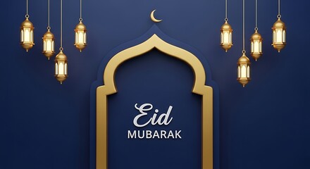Obraz premium Eid mubarak greeting card with golden lanterns