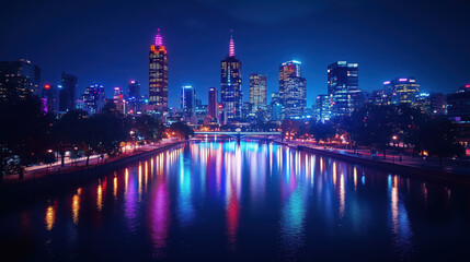 Fototapeta premium The city lights dance upon the water