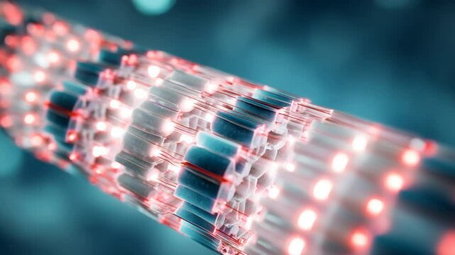 Complex fiber optics cable transmits data through illuminated pathways, showcasing advanced technology and innovation in communication and data transfer