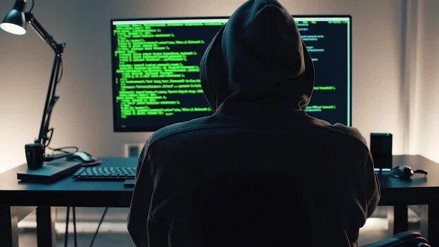 Computer Hacker in Hoodie in Front of Green Code Screen &ndash; Data Breach and Online Security,. Cybercriminal, Cybersecurity Threat Concept, Digital Crime, Virus Infiltration, Dark Web