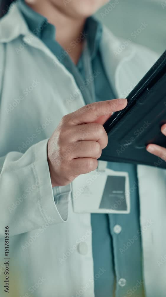 Aufkleber hands, low angle or person in laboratory with tablet, science or gene editing medical experiment. da