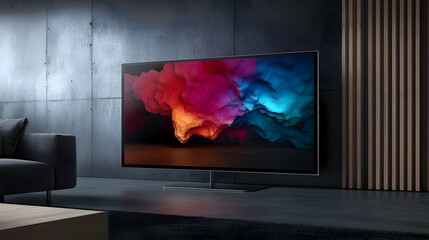 Modern Flat Screen Television In Dark Living Room With Abstract Image