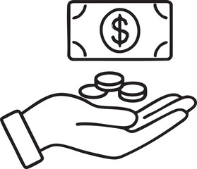 Line Art Illustration Hand Holding Coins with a Dollar Bill Floating Above It simple