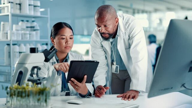 Coaching, science and tablet with people in laboratory together for medical development or research. App, training or and innovation with scientist and student at work on clinical trial for discovery
