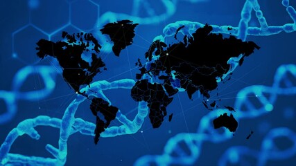 Global Map with DNA Strands: Exploring Genetics and Networking Across Continents - Powered by Adobe