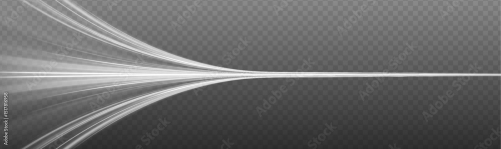 Fototapete Snowy road on gray transparent background.. White bright blurred light lines in wave and speed motion. Abstract vector fire circles, sparkling swirls and energetic light spiral frames.	