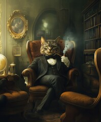 Sophisticated anthropomorphic cat in a tuxedo smoking a pipe in a vintage library. Aristocratic, humorous concept blending classic elegance and whimsical animal portraiture..