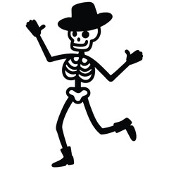 Playful skeleton character wearing a cowboy hat in a running or dancing pose