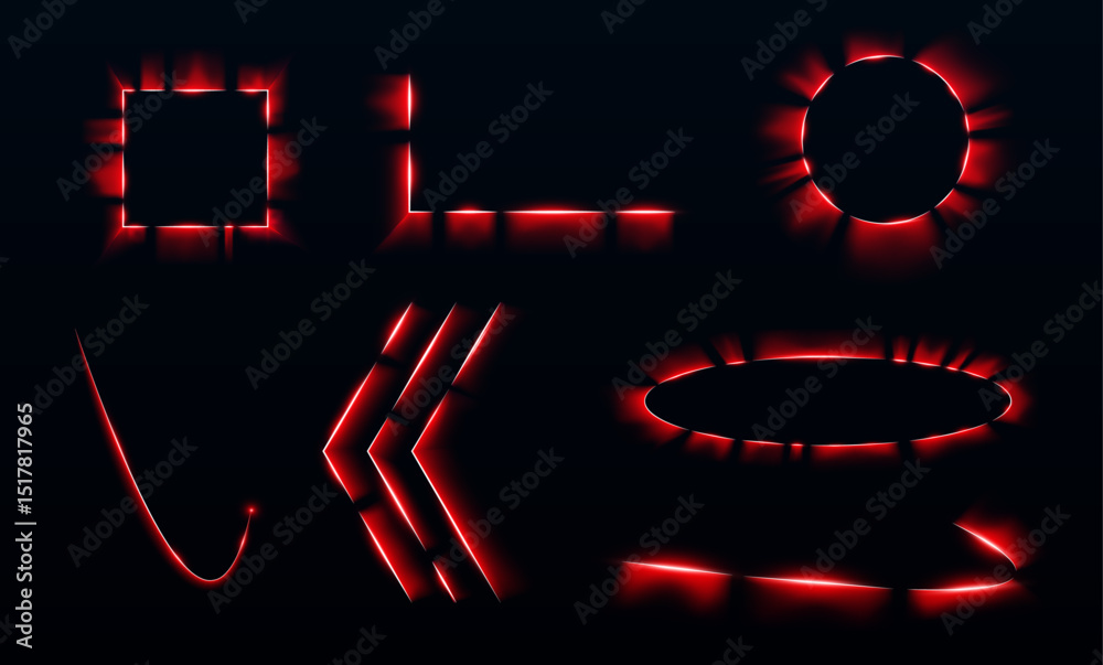 Poster Bright red light frames appear in dynamic shapes. Circles, stars and lightning bolts flash with radiant energy. Perfect for adding intensity to tech designs.	