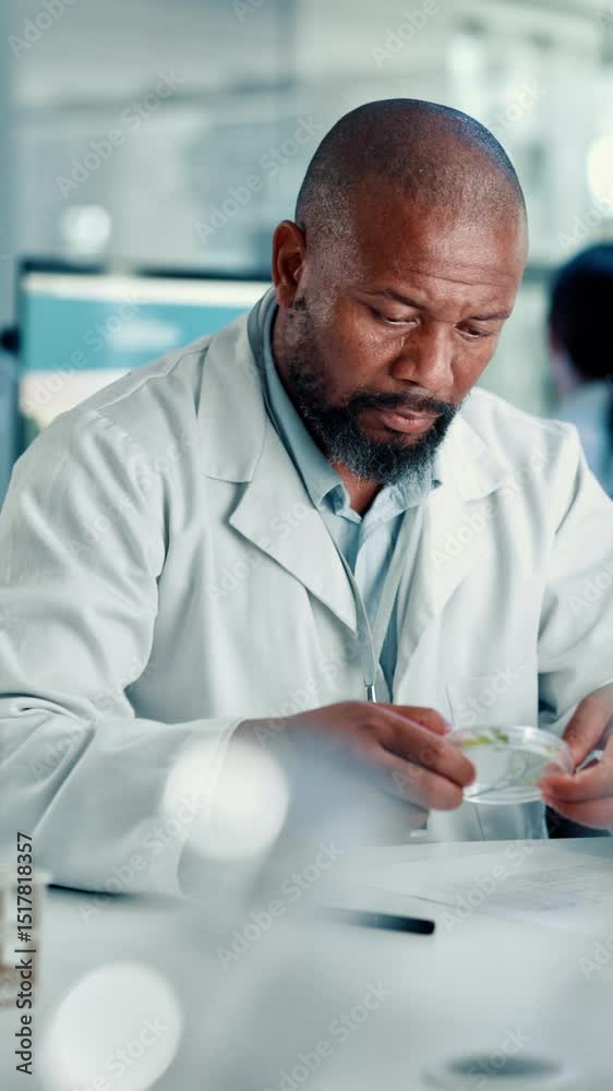 Aufkleber man, scientist or biologist with sample on computer at lab for exam, test results or research. male 