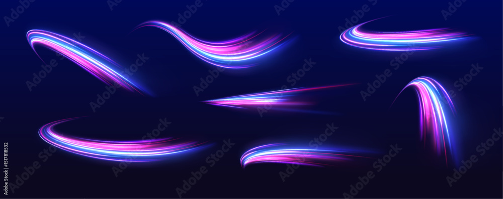Aufkleber Set of neon speed lines on transparent background. Vortex streams of neon light. Abstract vector fire circles, sparkling swirls and energy light spiral frames.	