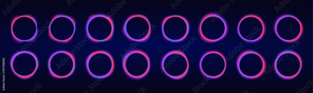 Poster Collection of round glowing neon lighting on dark background with copy space.  Abstract cosmic vibrant color circle border.  Radiant speed motion design.