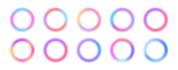 Round banner with neon gradient isolated on white transparent background in PNG vector format. Round light frame. Can be used for badges, price tags, labels.	