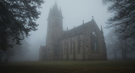 A foggy, misty scene featuring a Gothic-style church with a tall spire and large windows, surrounded by bare trees and a grassy field.