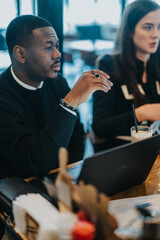 Diverse business professionals engage in a strategic discussion at a modern office setting, focusing on ideas and brainstorming solutions.