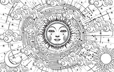 Mystical astrological coloring book for adults moon with face, linear hand drawing of universe, vector esoteric poster of zodiac, horoscope, tarot.