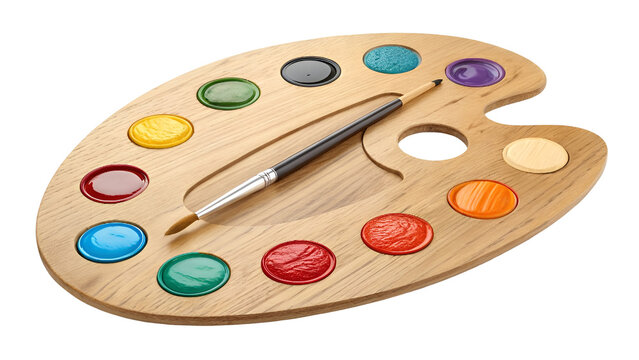 palette with brushes, wooden artist palette with samples of paints isolated on transparent background