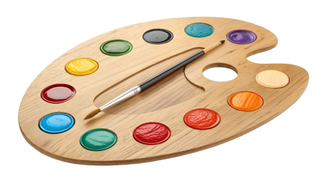 palette with brushes, wooden artist palette with samples of paints isolated on transparent background