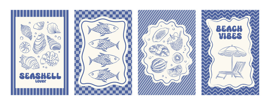 Set of interior sea posters. Wall poster with seashells, beach and marine theme. Vector printable templates
