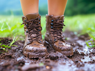 yellow dirty rubber boots in the mud, AI generated