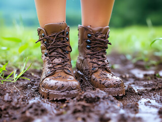 yellow dirty rubber boots in the mud, AI generated