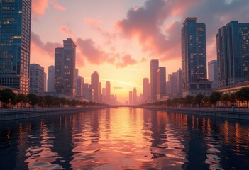 Fototapeta premium city skyline beautiful golden hour glow urban landscape architecture sunset reflection, building, light, cloud, night, pano, cityscape, horizon