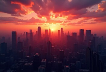 Fototapeta premium city skyline silhouette sunset urban landscape dramatic colors horizon twilight, architecture, buildings, lights, clouds, gradient, evening, scene