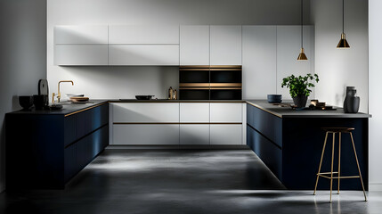 Modern U Shaped Kitchen Design With Dark Blue Cabinets