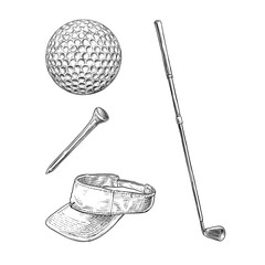 golf illustration golf clubs equipment vector line art hand drawn set collection