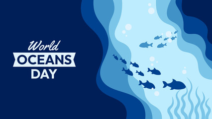 Blue poster with a blue ocean background and a white text that says World Oceans Day. The poster features a blue wave with fish swimming in it