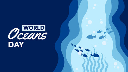 World Oceans Day with a blue background and fish swimming in the water
