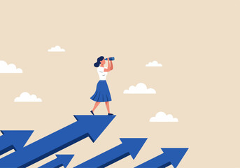 Flat vector illustration of a woman walking on an upward-pointing arrow while looking through binoculars. Surrounded by other rising arrows, she symbolizes vision, progress, and future planning. © Purnomo