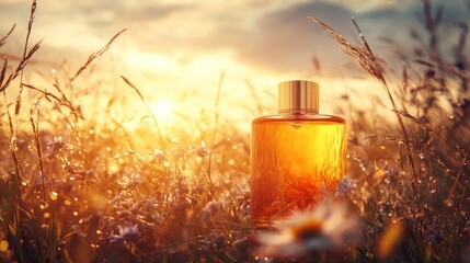 Golden Perfume Bottle in Sunrise Meadow