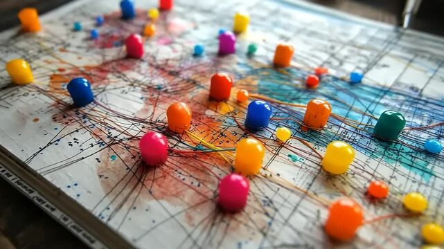 Colorful pushpins scattered on a map with vibrant paint lines, symbolizing connections and exploration