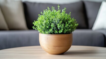Green plant in wooden bowl on coffee table