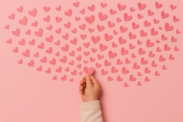 A hand holds a pink heart-shaped cutout amidst scattered pink heart shapes on a soft pink background