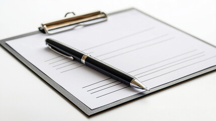 A close up of a black pen lying on a clipboard with a white sheet of paper on a white surface