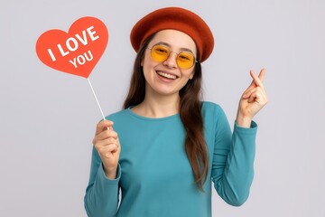 A woman in a teal shirt and orange beret holds a red "I LOVE YOU" heart sign while making a playful gesture