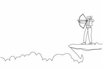 Single one line drawing businesswoman standing on cliff with archer in hand. Business target goal. Businesswoman focus to successful. Shooting target with bow arrow. Continuous line draw design vector