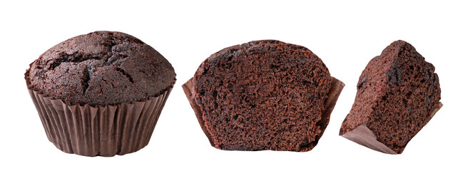 Set of chocolate muffin, half and piece on white background. Isolated