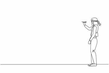 Single one line drawing confused businesswoman blindfold throwing dart. Unclear target or blind business vision, leadership failure or mistake aiming goal. Continuous line draw design graphic vector