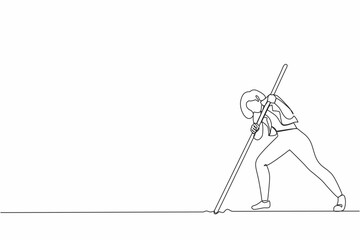 Continuous one line drawing cute businesswoman mark goal with arrow. Woman holding arrow, hits target on ground. Achieving goal. Focus marketing target strategy. Single line design vector illustration