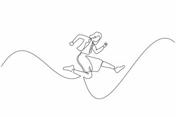 Single continuous line drawing young worker female jumping to show her success. Businesswoman wearing blazer is jump from point to point on white background. One line draw design vector illustration