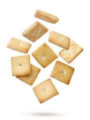 Square crackers flying on a white background. Isolated