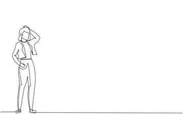 Single continuous line drawing cute businesswoman confused with hand on head for mistake, remember error. Forgot, bad memory. Headache pain or stress. One line draw graphic design vector illustration