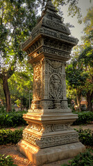 Obraz premium Ornate Stone Pillar In Park Under Sunlight
