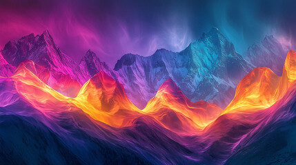 Colorful mountain range with vibrant hues and a dramatic sky above the landscape design art